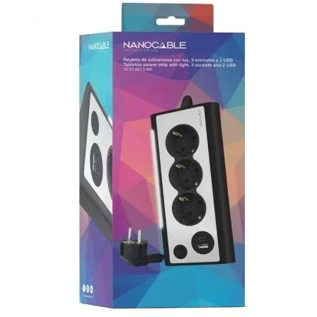 Nanocable - Regleta de sobremesa con 3 enchufes Shucko, 1 USB-C, 1 USB-A, iluminación LED e interruptor - Cable de 1.50 metros - shuckos Nanocable - Regleta de sobremesa con 3 enchufes Shucko, 1 USB-C, 1 USB-A, iluminación LED e interruptor - Cable de 1.50 metros - shuckos